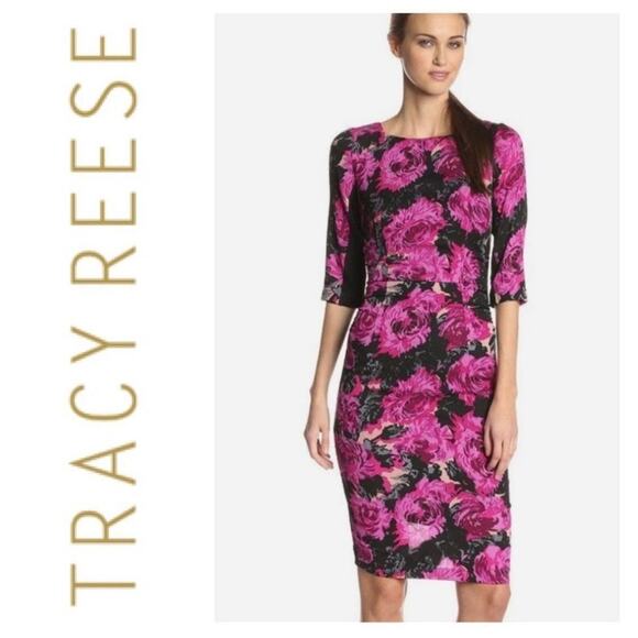 Tracy Reese Womens Textured Silk Jacquard Cocktail Dress 6 Fuchsia Pink Floral - Picture 1 of 16